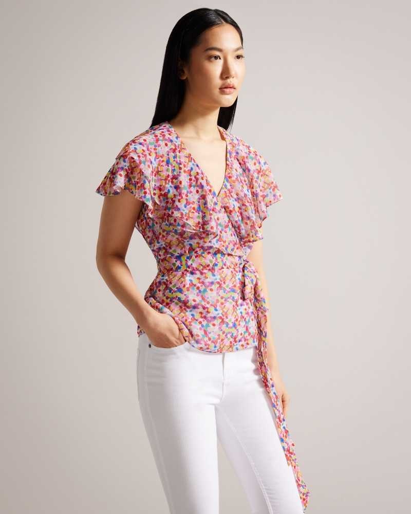 White Ted Baker Brrooke Wrap Top With Ruffled Neckline | US0001018