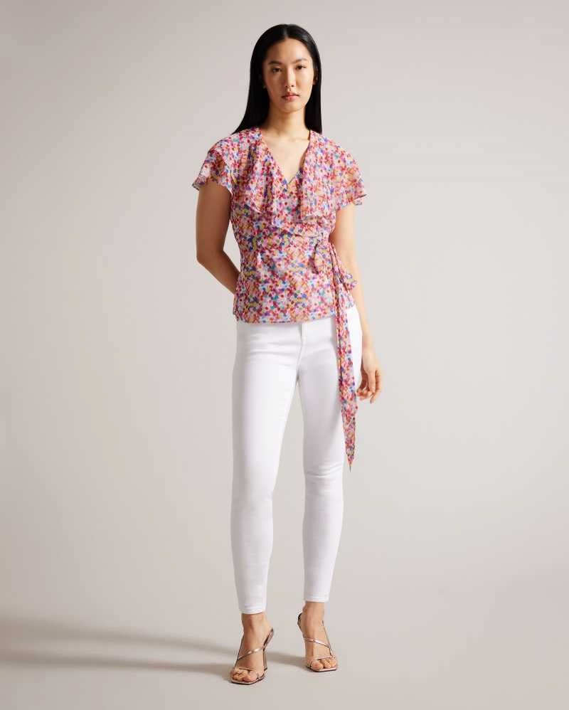 White Ted Baker Brrooke Wrap Top With Ruffled Neckline | US0001018