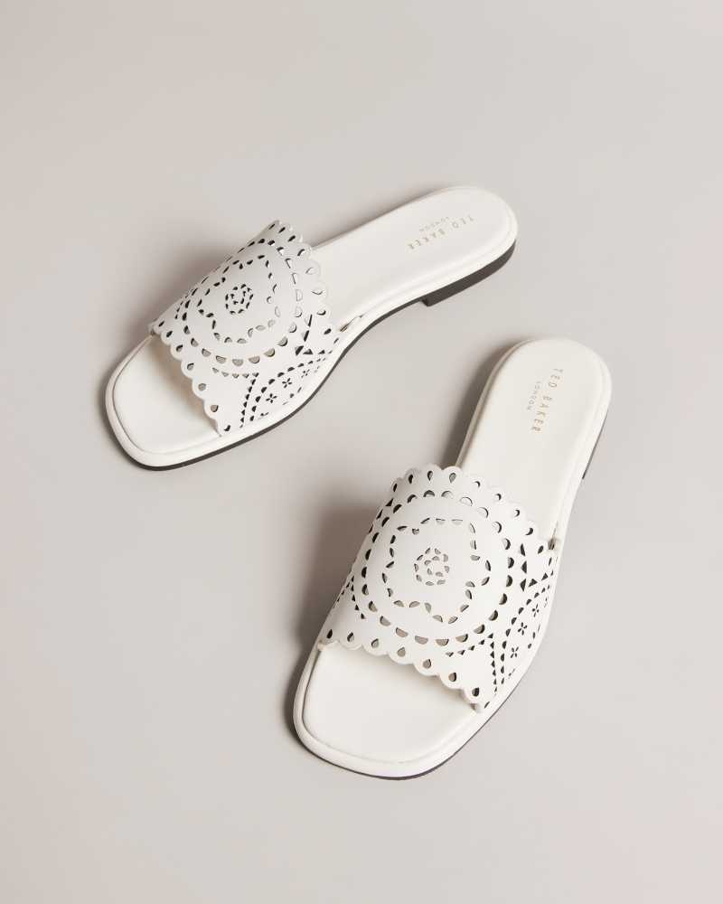 White Ted Baker Clovei Laser Cut Flat Sandals | US0002153