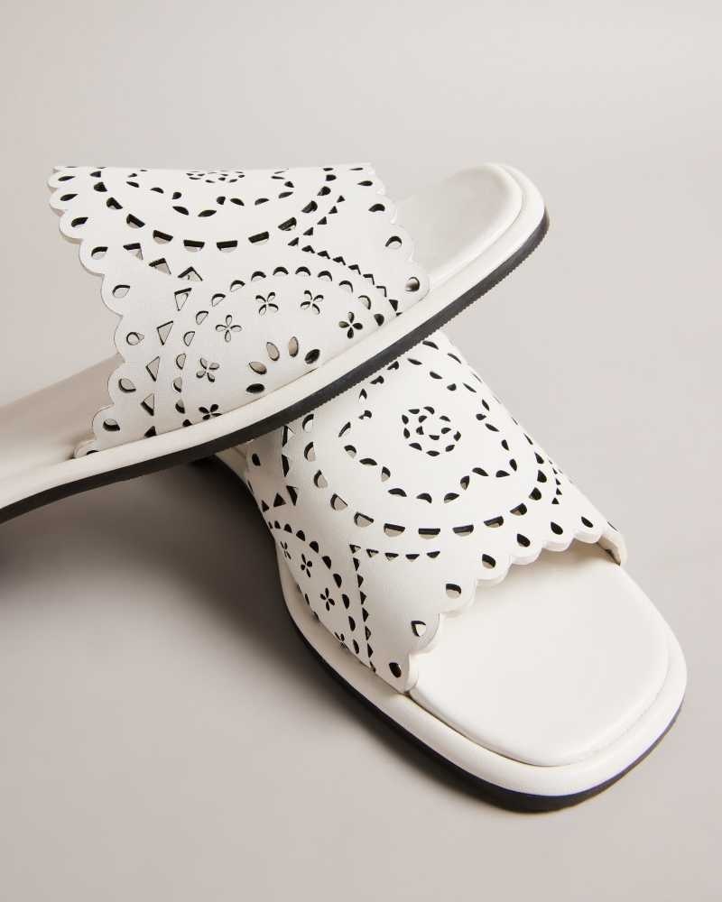 White Ted Baker Clovei Laser Cut Flat Sandals | US0002153