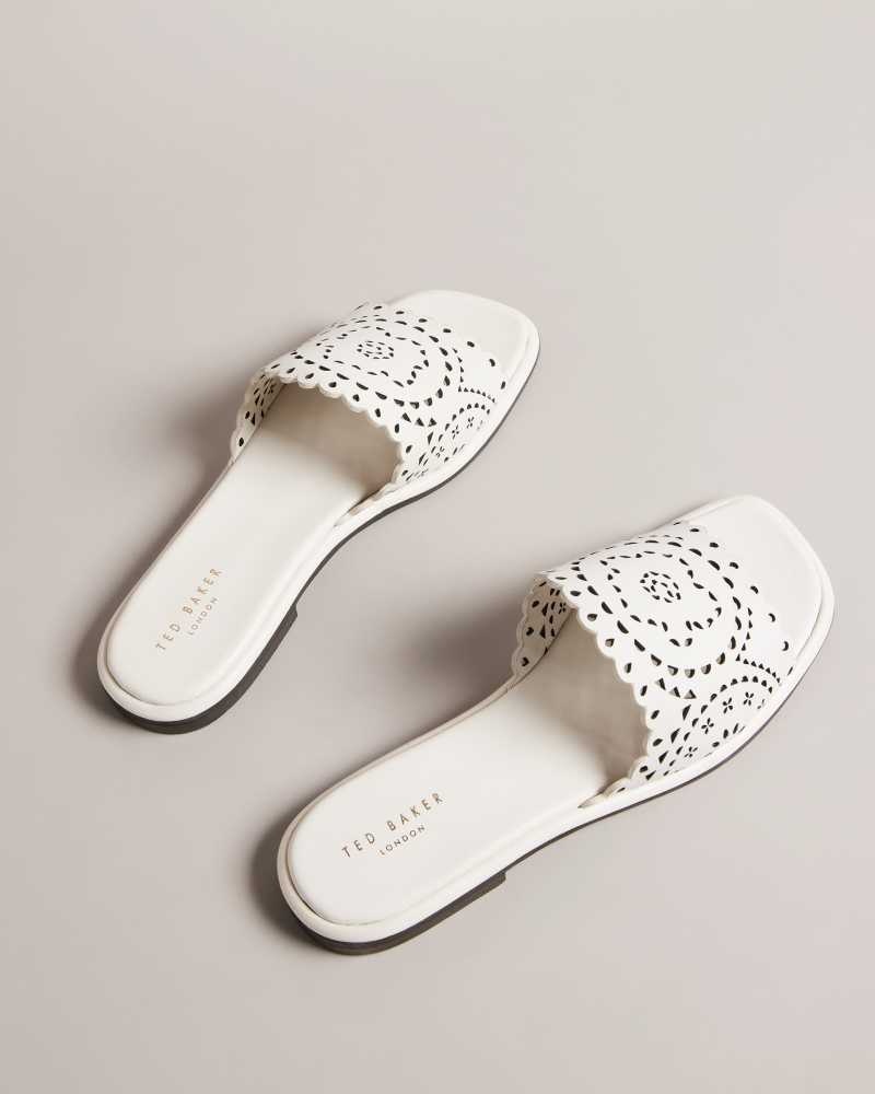 White Ted Baker Clovei Laser Cut Flat Sandals | US0002153