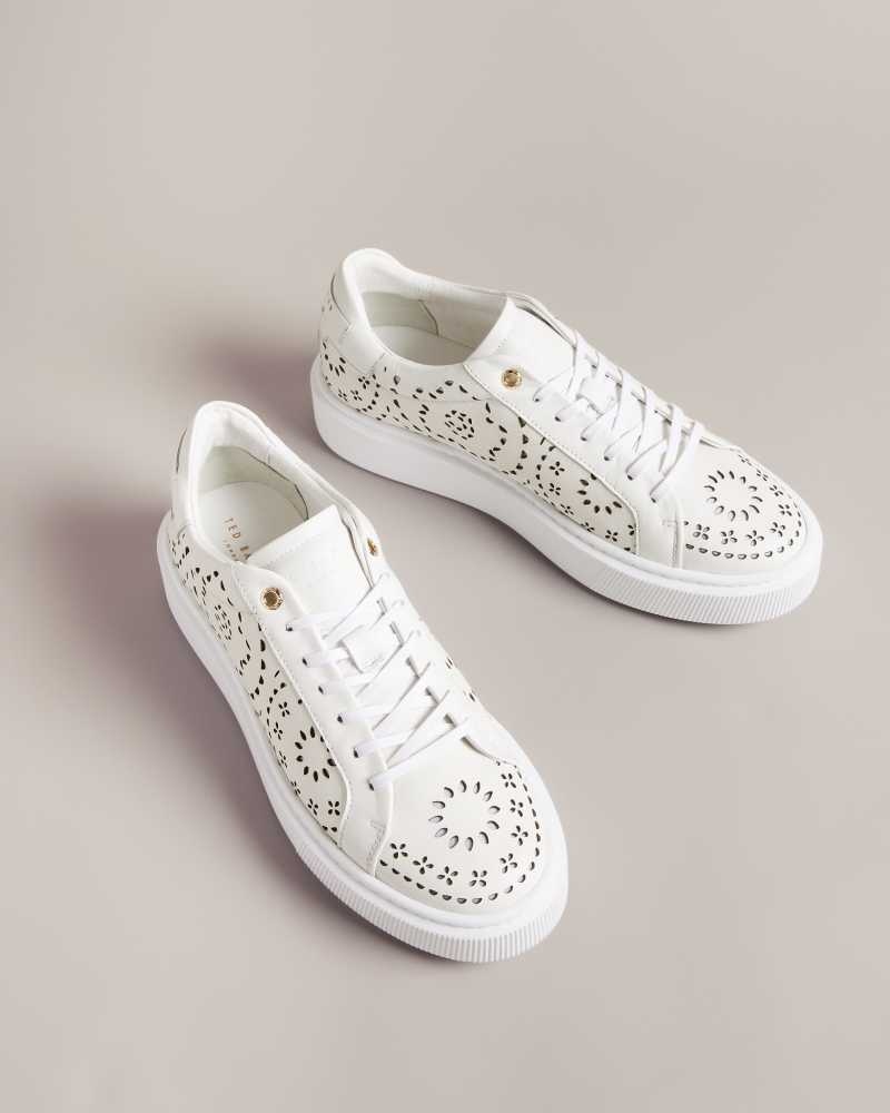 White Ted Baker Cwisp Laser Cut Platform Sneakers | US0002196