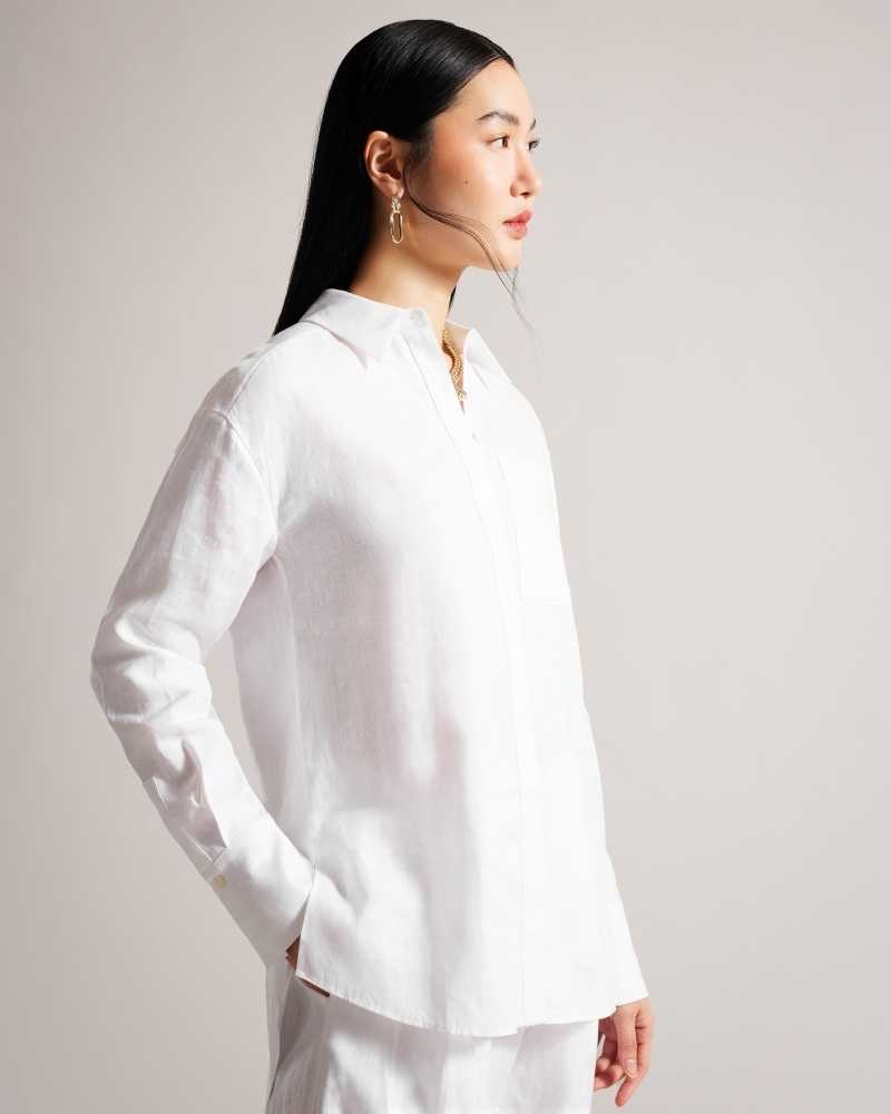 White Ted Baker Dorahh Longline Linen Shirt | US0000744