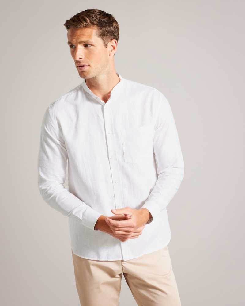 White Ted Baker Granan Linen Grandad Collar Shirt | US0000649