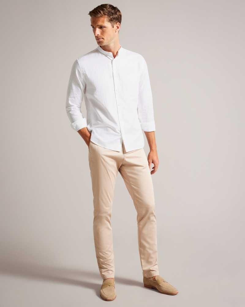 White Ted Baker Granan Linen Grandad Collar Shirt | US0000649