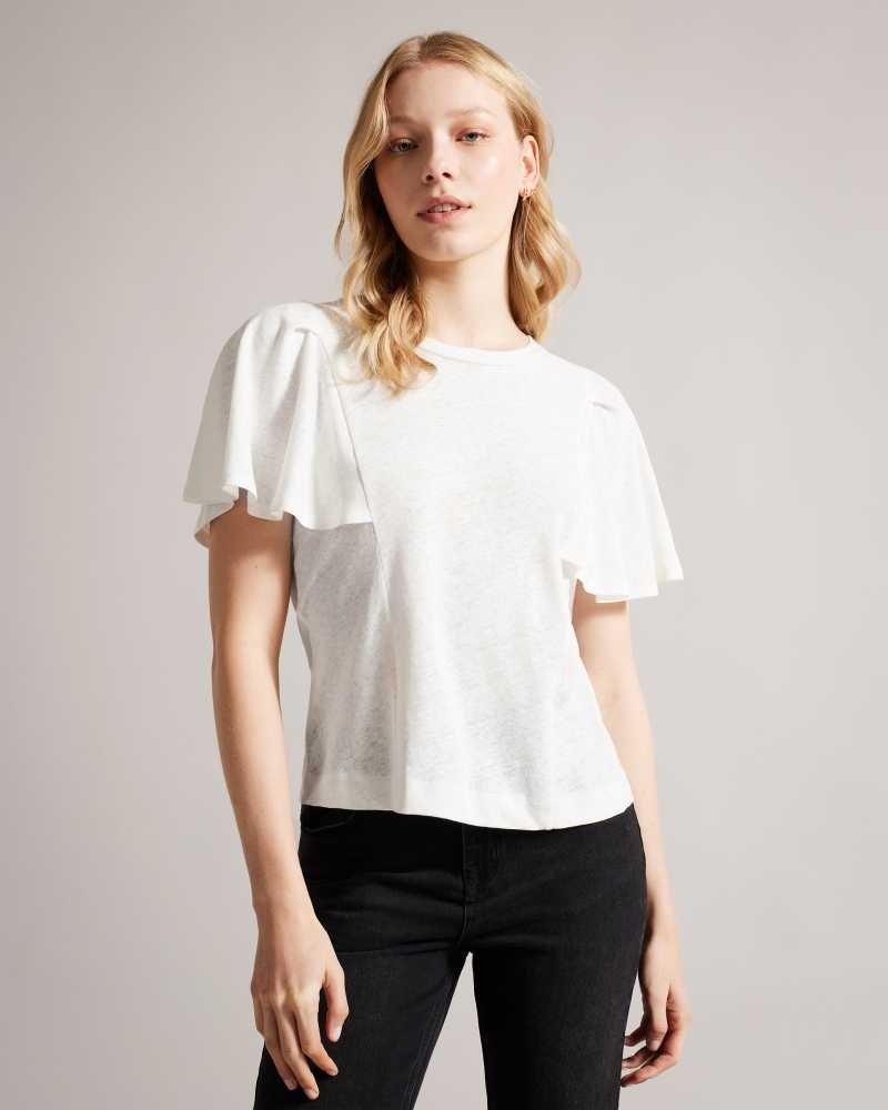 White Ted Baker Hallenn Ruffle Sleeve T-Shirt | US0000860