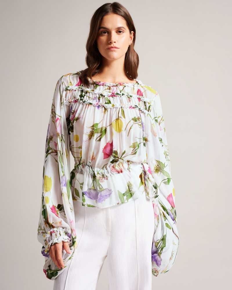 White Ted Baker Hewette Printed Blouse With Functional Waist Tie | US0001056