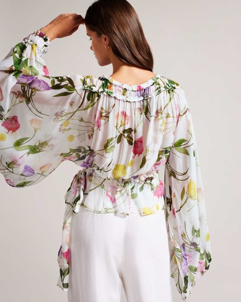 White Ted Baker Hewette Printed Blouse With Functional Waist Tie | US0001056