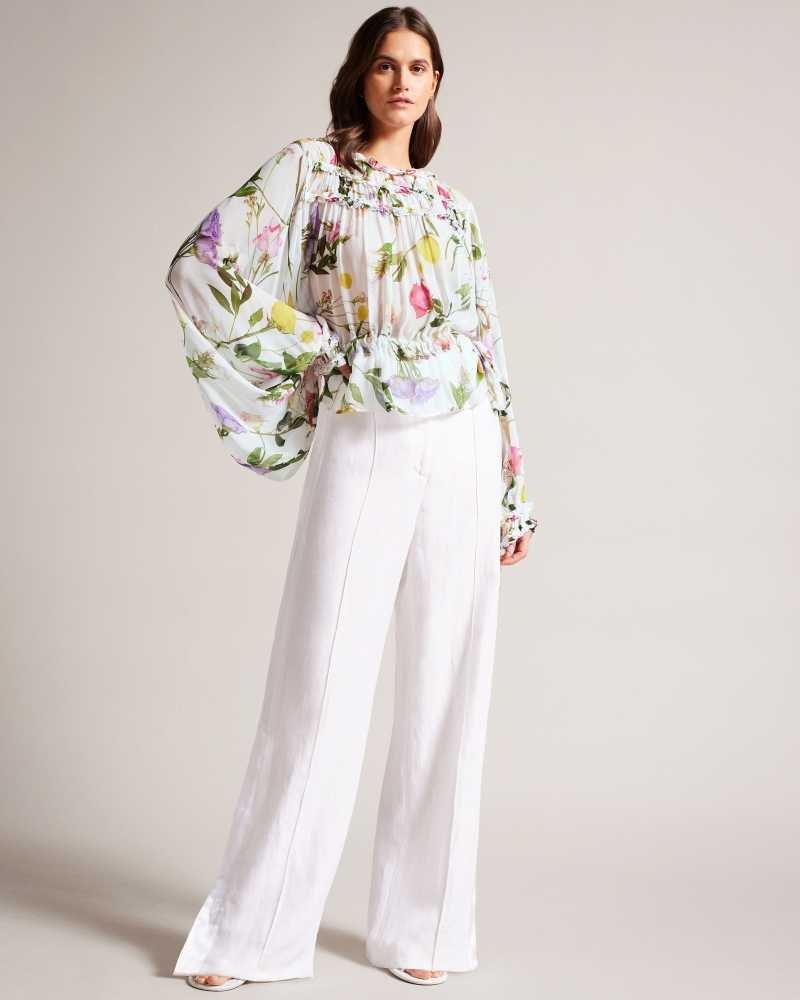 White Ted Baker Hewette Printed Blouse With Functional Waist Tie | US0001056