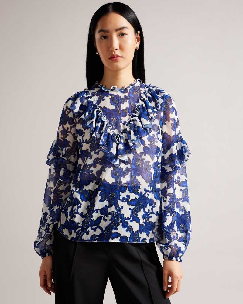 White Ted Baker Idina Baroque Paisley Print Blouse | US0001020