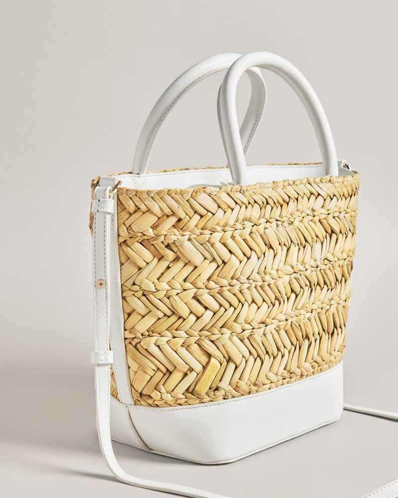 White Ted Baker Ivelie Medium Raffia Basket Weave Tote Bag | US0001316