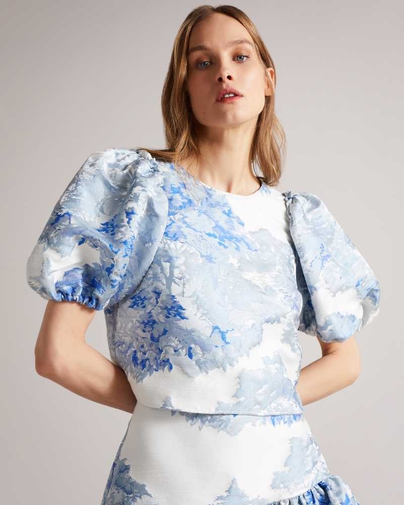 White Ted Baker Ivria Cropped Top With Puff Sleeve | US0000793