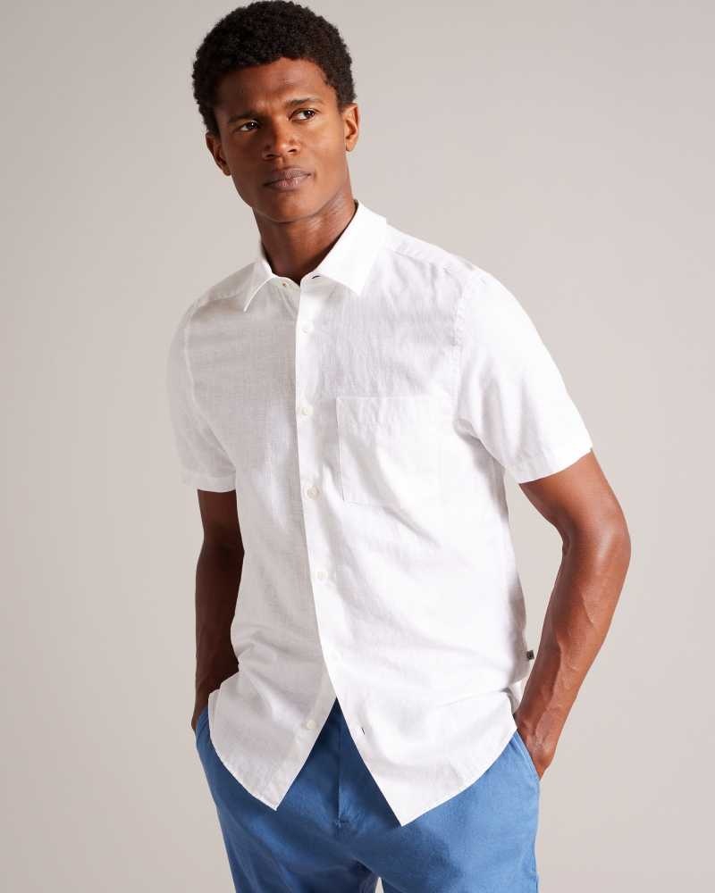 White Ted Baker Kingfrd Short Sleeve Linen Shirt | US0000631