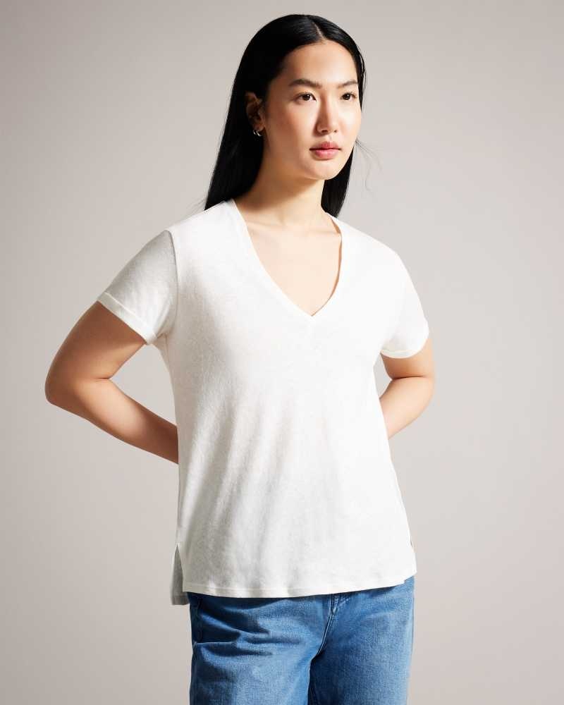 White Ted Baker Laliita V Neck Cotton And Linen T-Shirt | US0000870