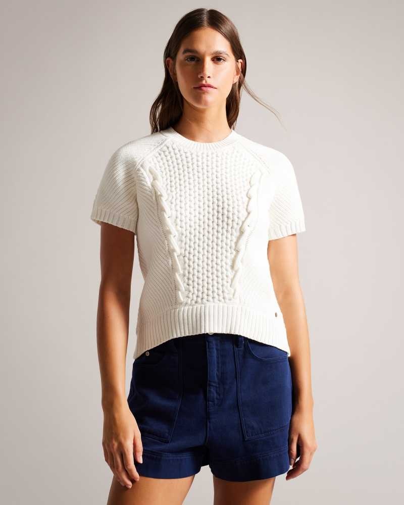 White Ted Baker Leiygh Short Sleeve Cable Knit Jumper | US0000411