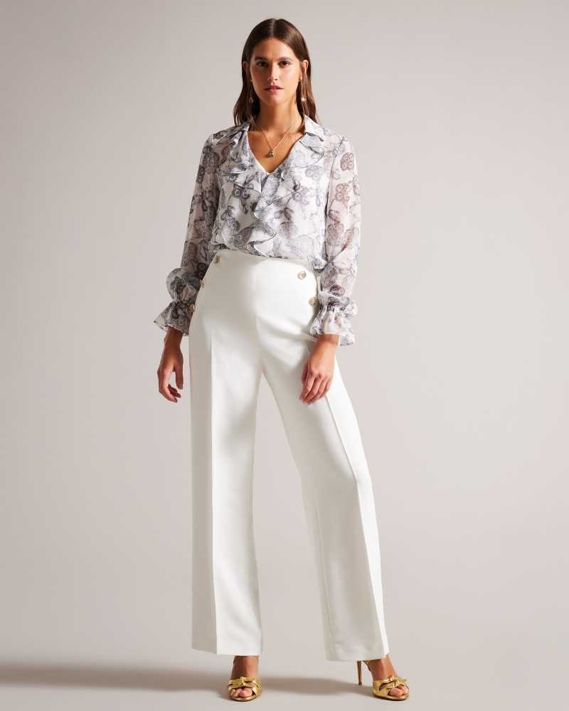 White Ted Baker Llaylat Embossed Button Wide Leg Trousers | US0001111