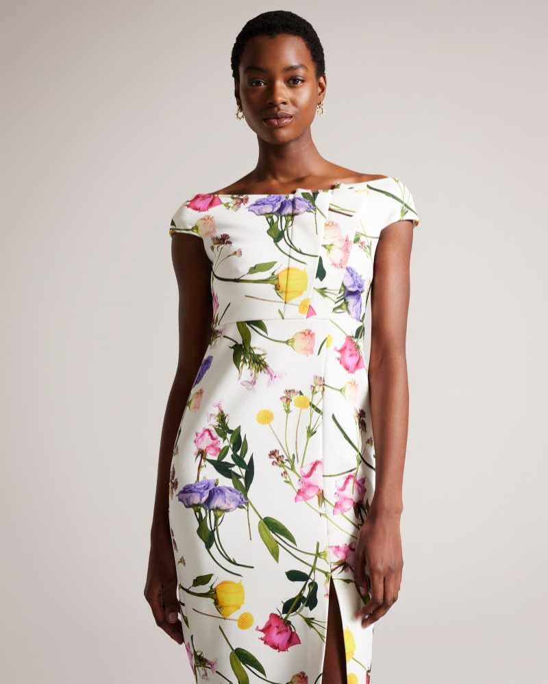 White Ted Baker Loveina Floral Bardot Bodycon Dresses | US0000084