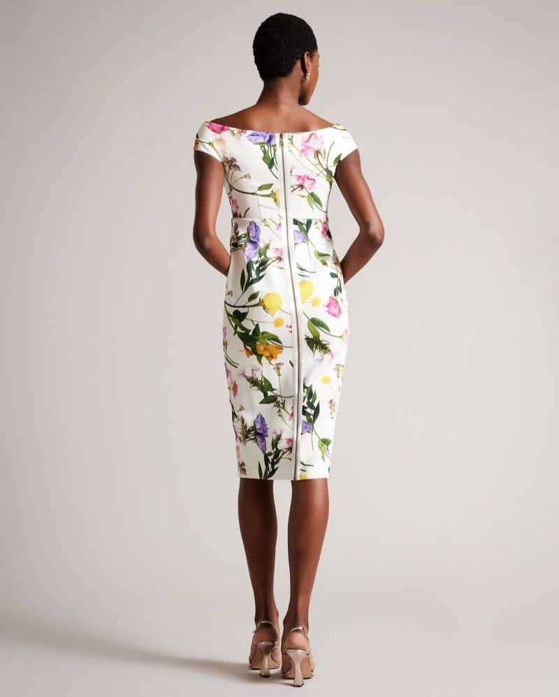 White Ted Baker Loveina Floral Bardot Bodycon Dresses | US0000084