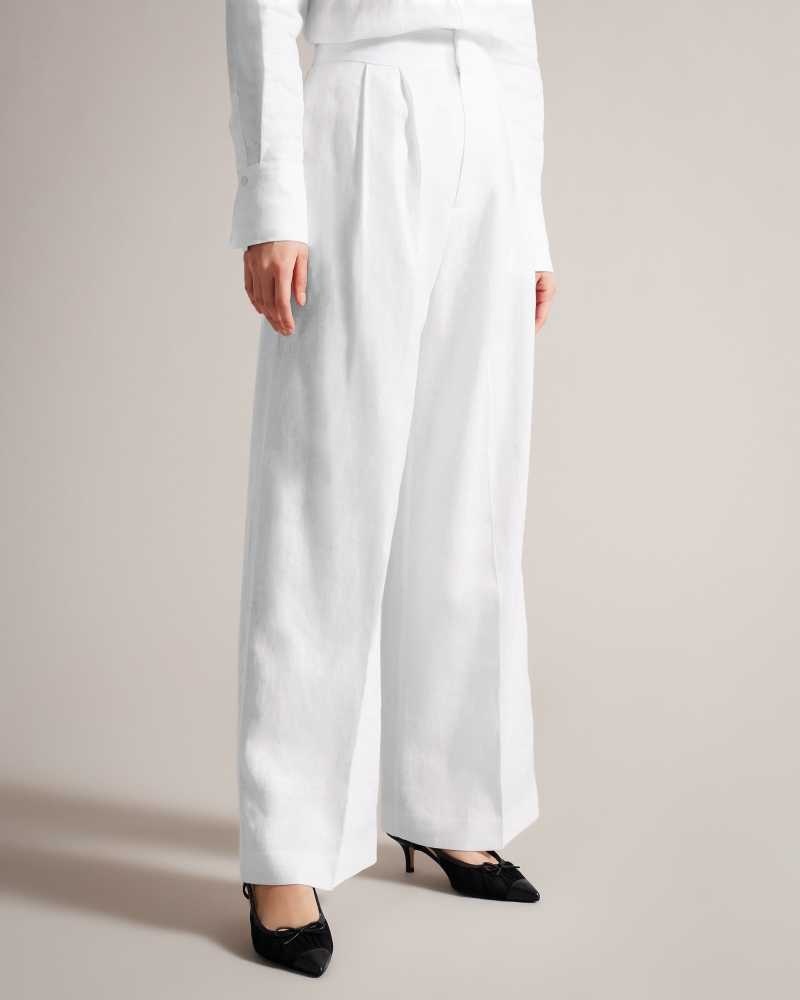 White Ted Baker Lucihh Tailored Linen Wide Leg Trousers | US0001099