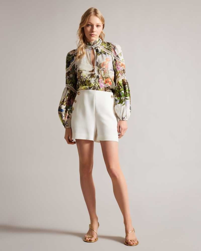 White Ted Baker Luuciaa Botanical Ladder Lace High Neck Blouse Blouse | US0001071