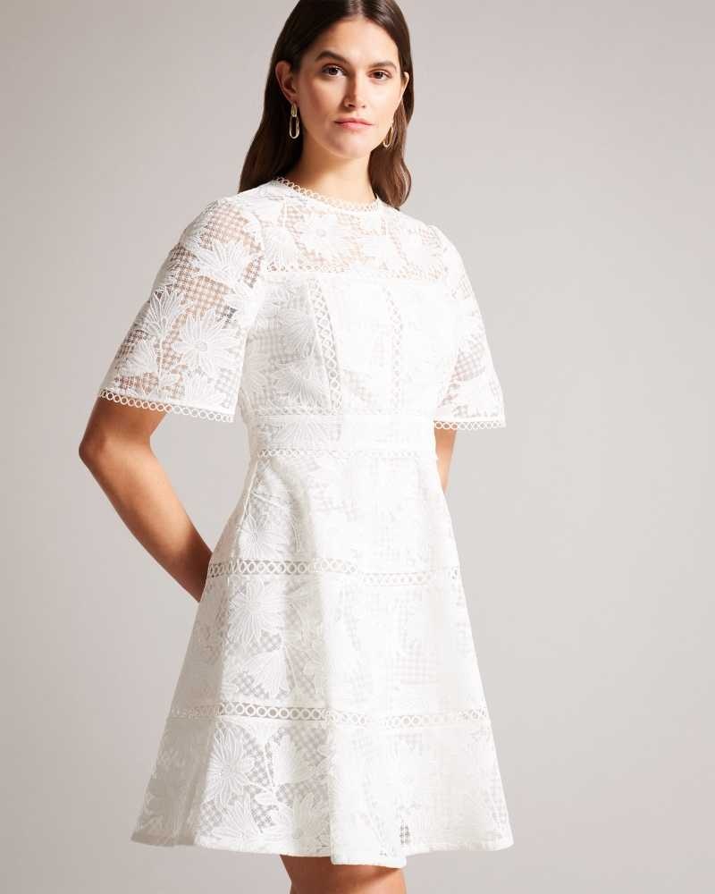 White Ted Baker Lydiiha Mini Fit And Flare Lace Dresses | US0000050