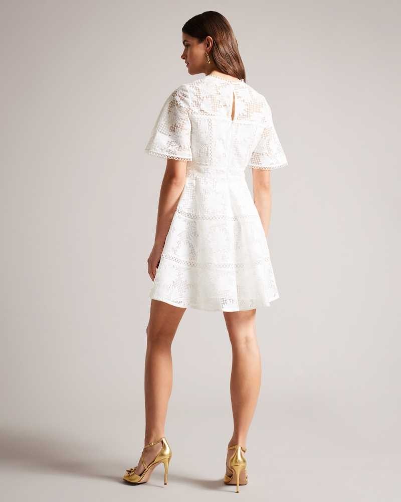 White Ted Baker Lydiiha Mini Fit And Flare Lace Dresses | US0000050