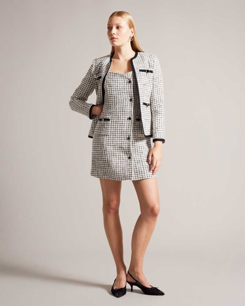 White Ted Baker Lyrra Dogtooth Boucle Collarless Jacket | US0000784