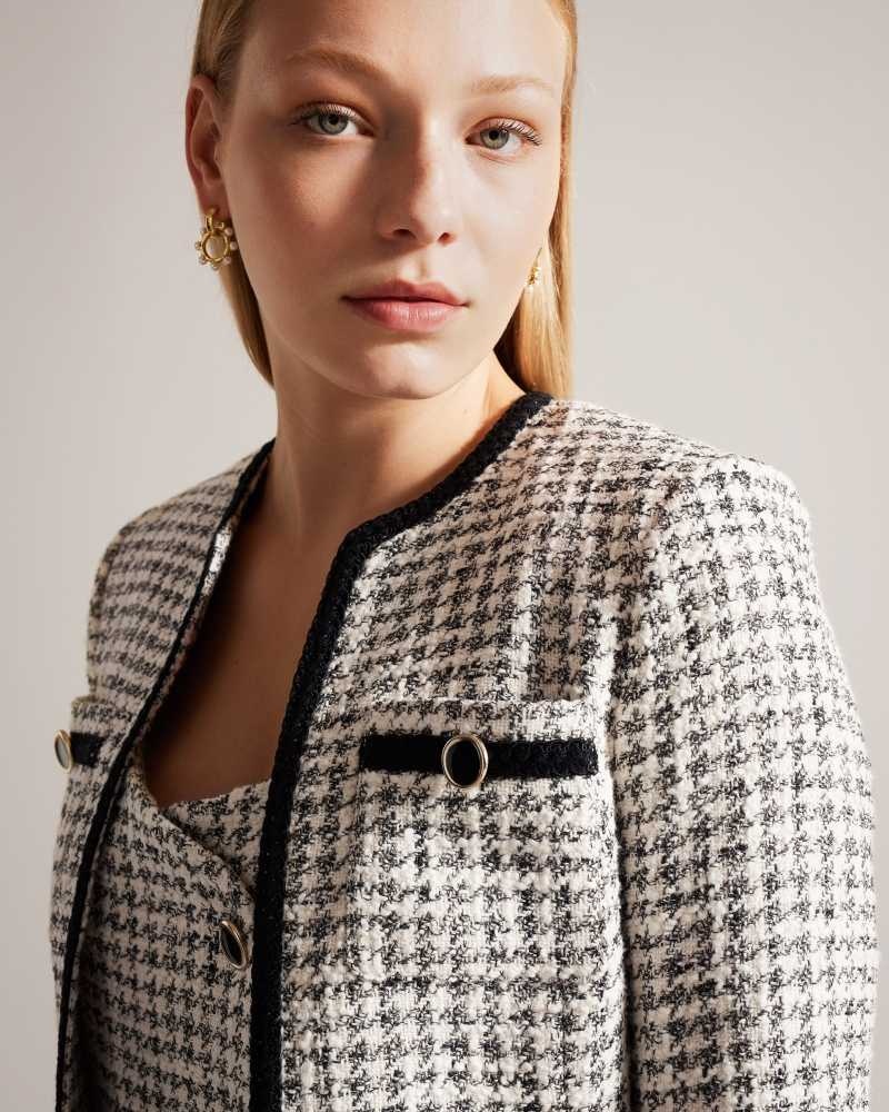 White Ted Baker Lyrra Dogtooth Boucle Collarless Jacket | US0000784