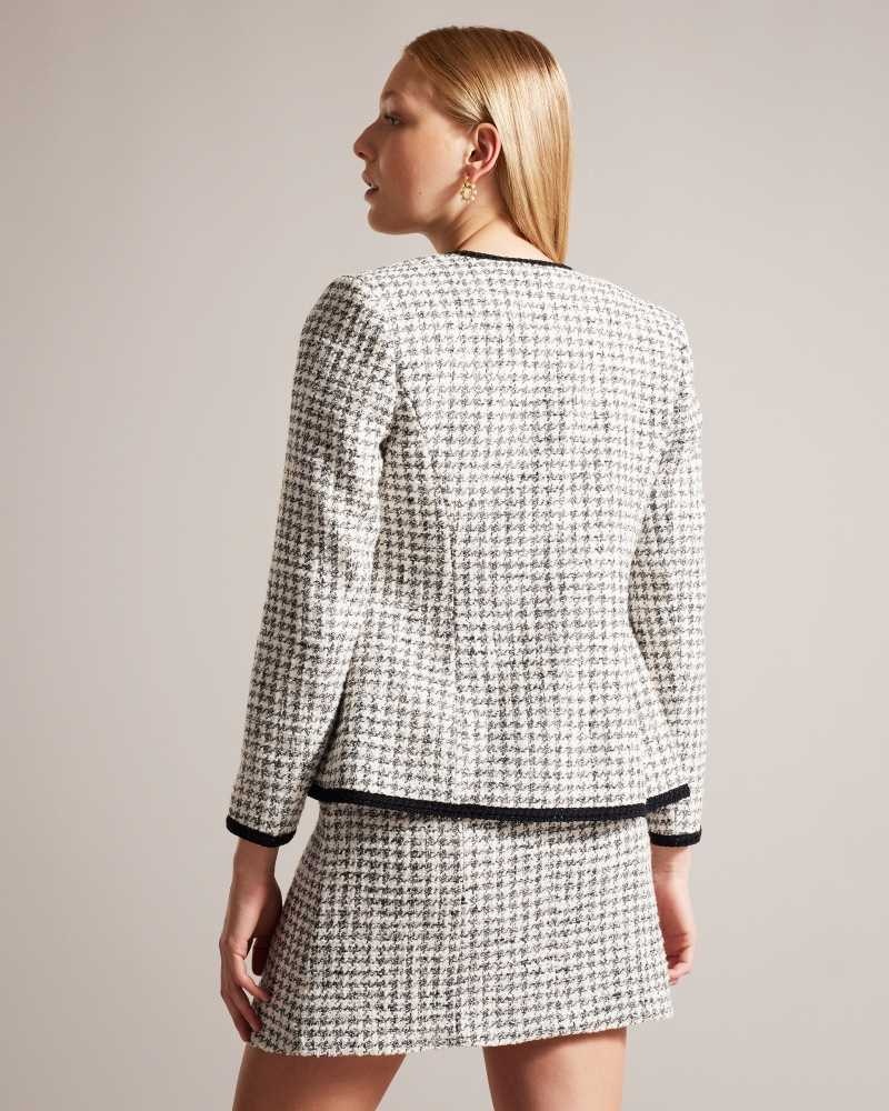 White Ted Baker Lyrra Dogtooth Boucle Collarless Jacket | US0000784