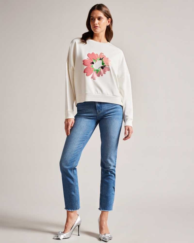 White Ted Baker Marene Textured Flower Graphic Jumper | US0000415