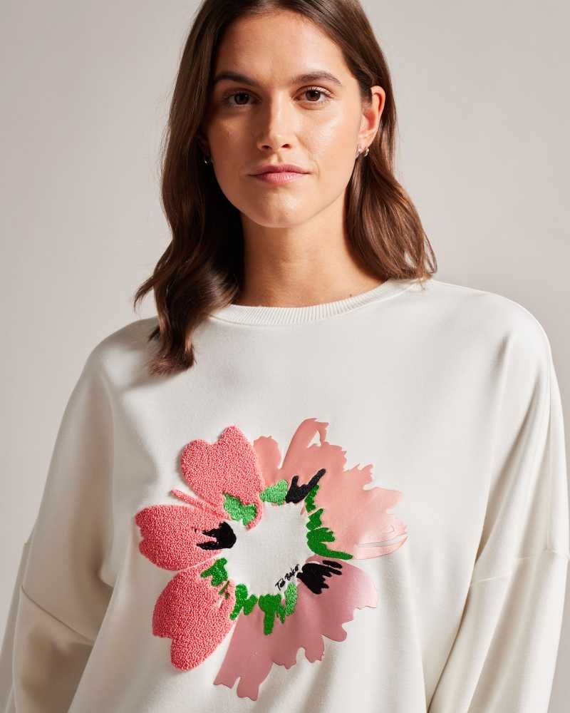 White Ted Baker Marene Textured Flower Graphic Jumper | US0000415