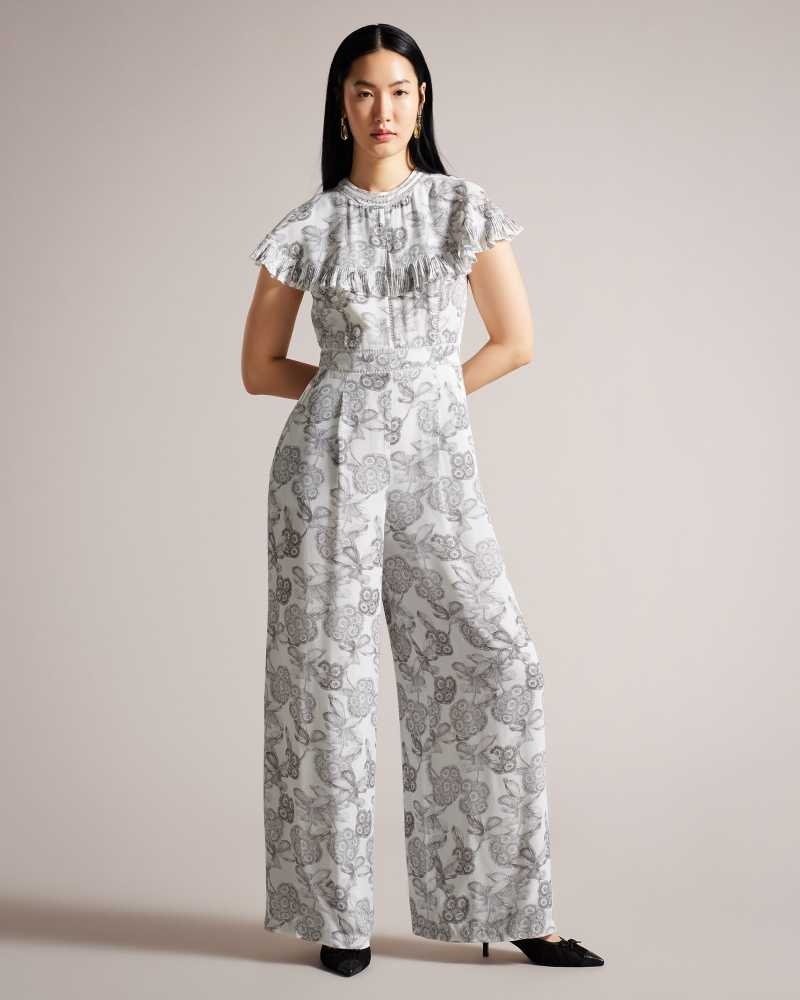 White Ted Baker Marlih Cape Jumpsuit With Ladder Lace Details | US0001101