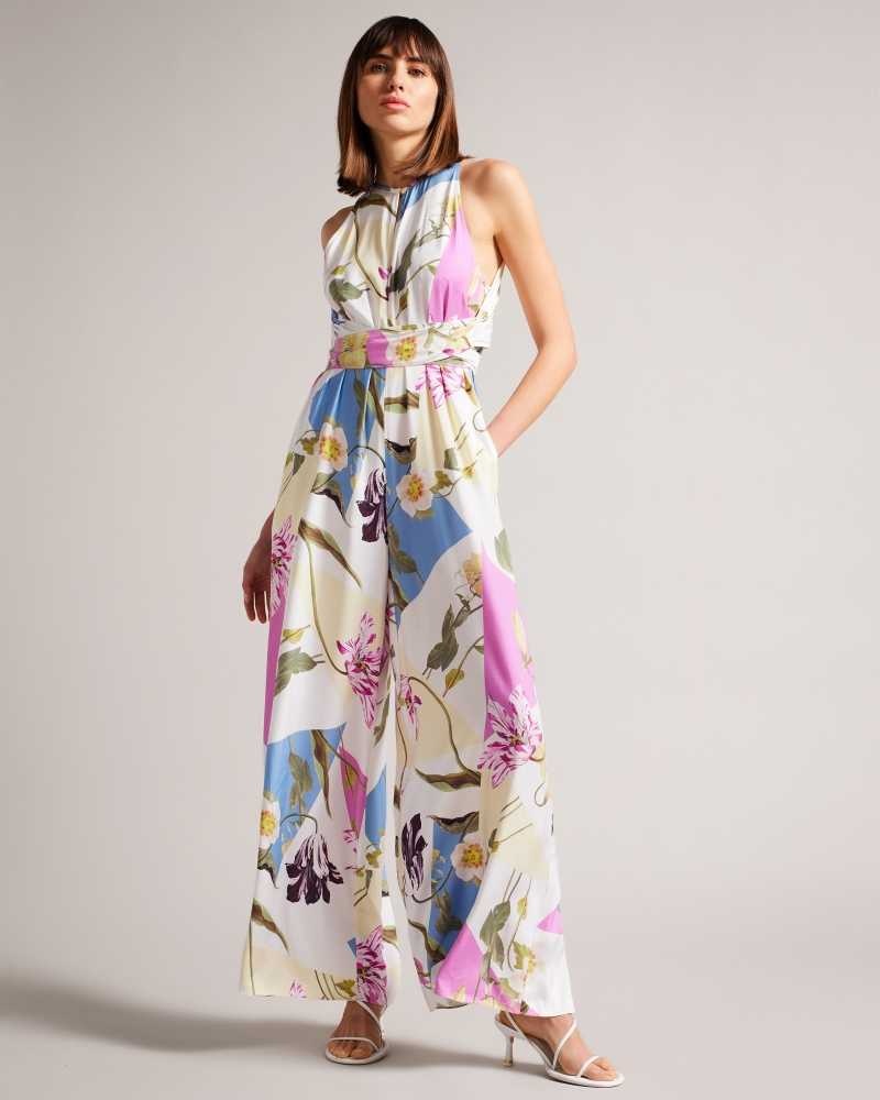 White Ted Baker Maudee Floral Print Halter Neck Jumpsuit | US0001097