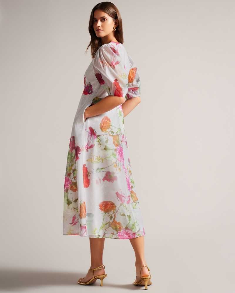 White Ted Baker Mekayla Empire Line Midi Dresses With Puff Sleeve | US0000015