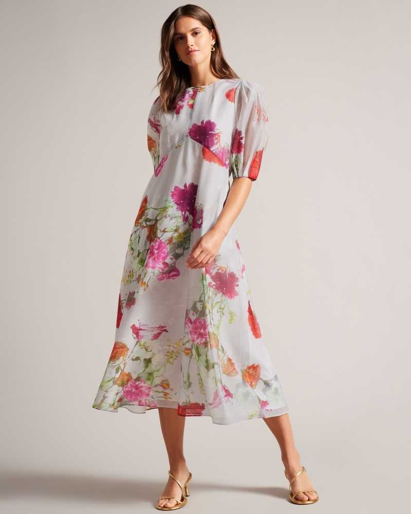 White Ted Baker Mekayla Empire Line Midi Dresses With Puff Sleeve | US0000015