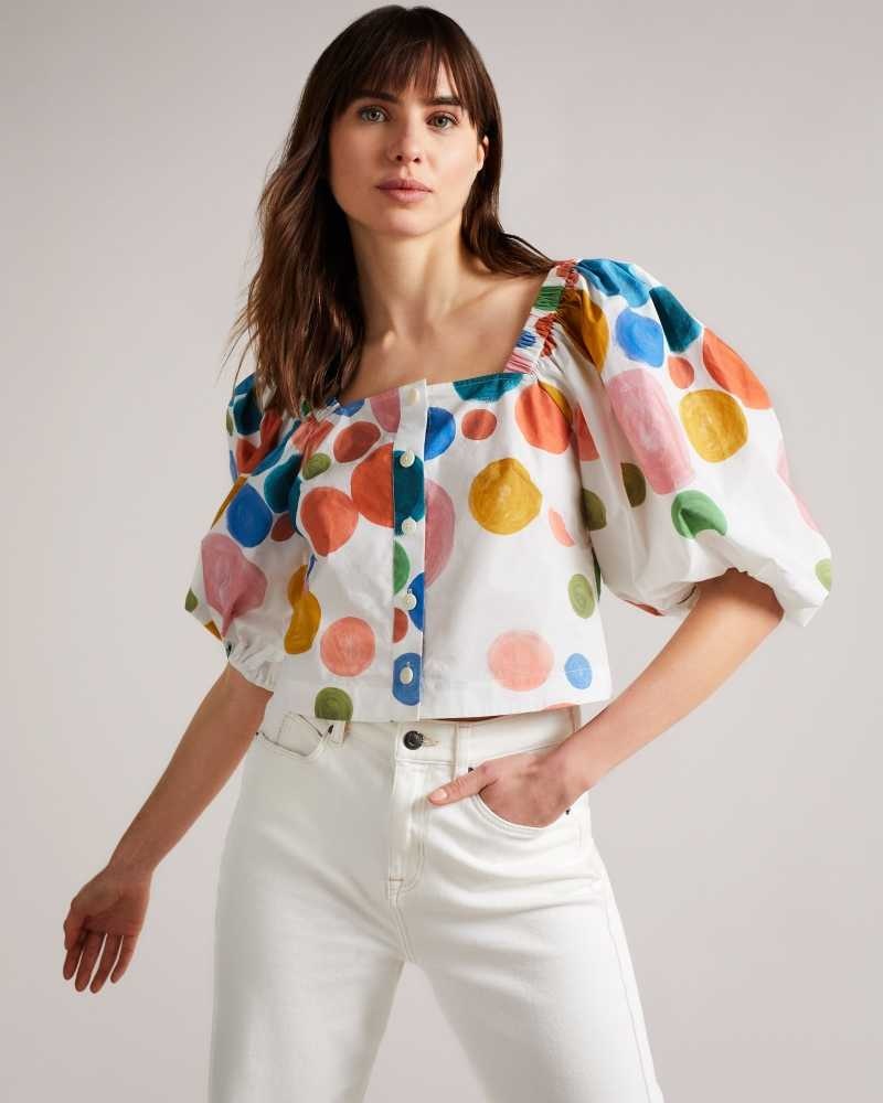 White Ted Baker Nelda Puff Sleeve Cropped Top | US0001030