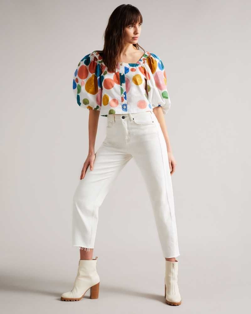 White Ted Baker Nelda Puff Sleeve Cropped Top | US0001030