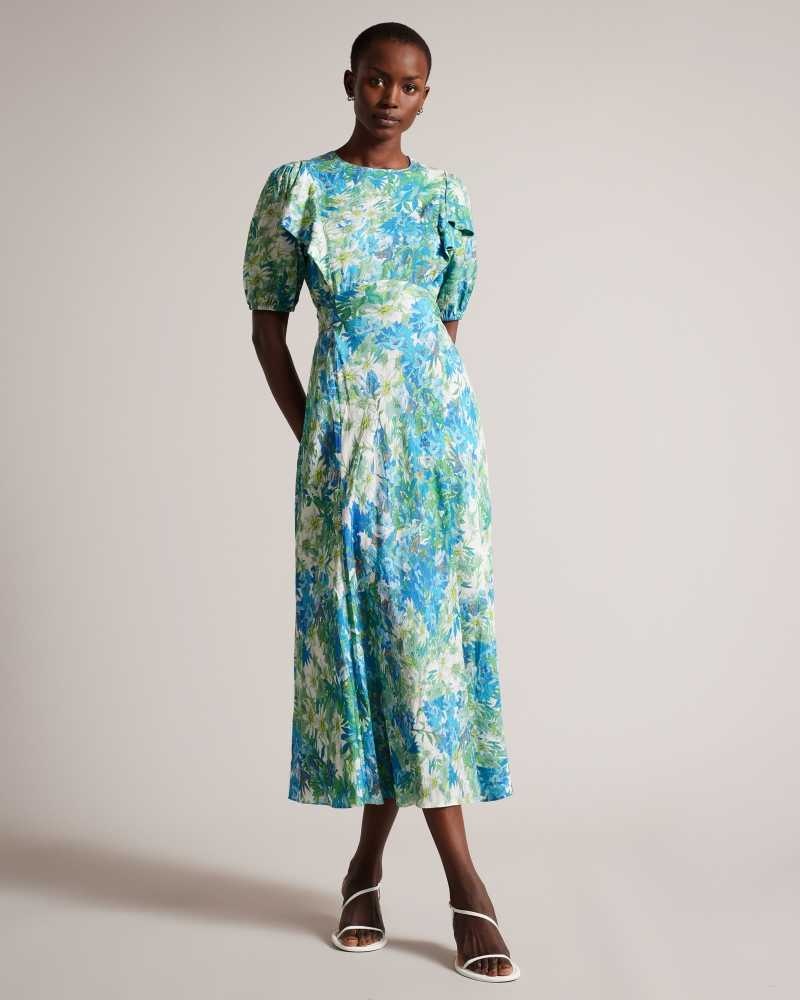 White Ted Baker Nicciey Floral Puff Sleeve Midaxi Dresses | US0000139