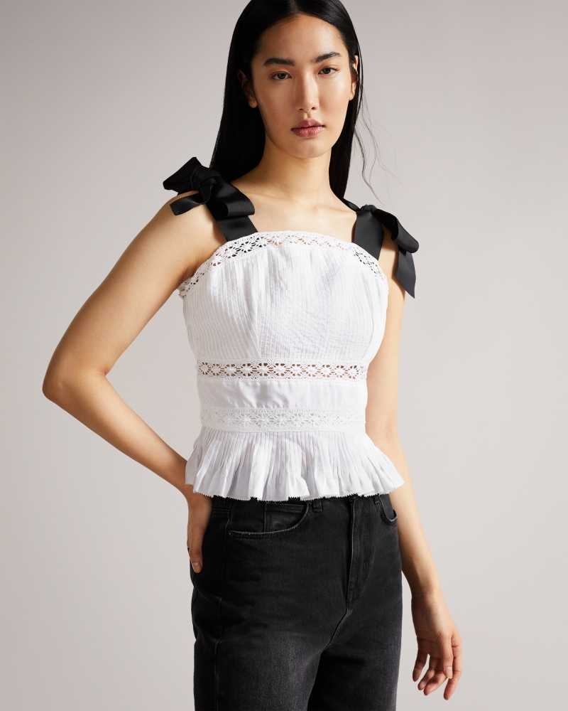 White Ted Baker Pietri Lace Insert Peplum Top With Grosgrain Straps | US0000964