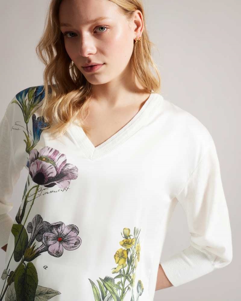 White Ted Baker Raili Woven Front V Neck Sweater | US0000406