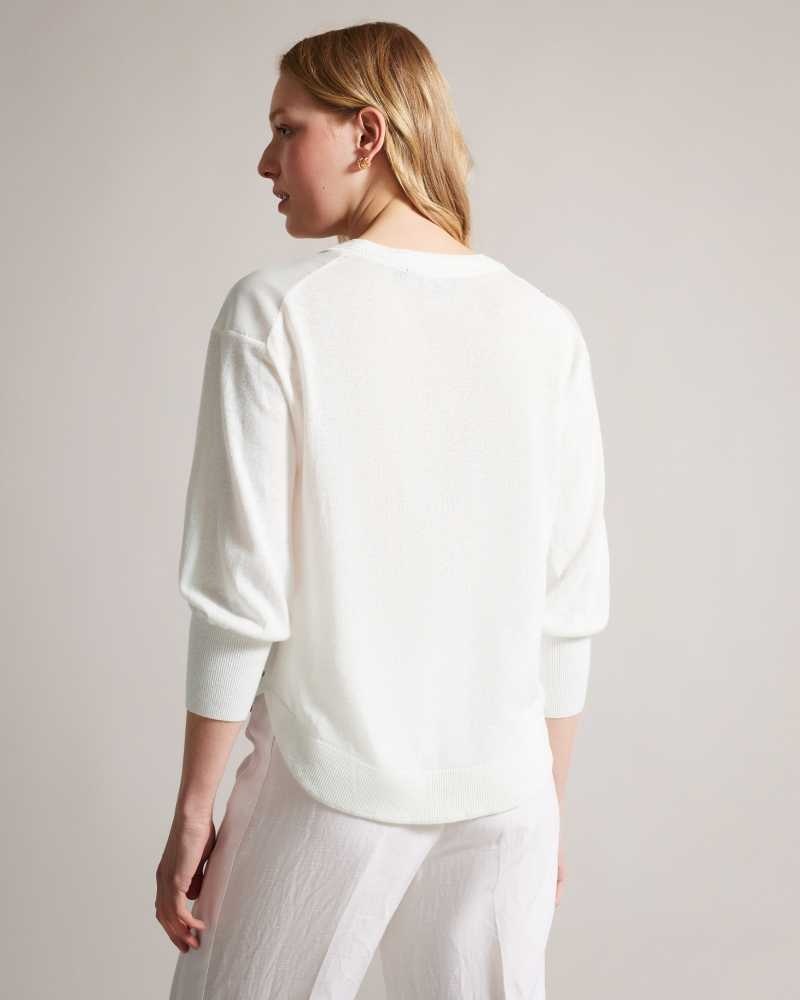 White Ted Baker Raili Woven Front V Neck Sweater | US0000406