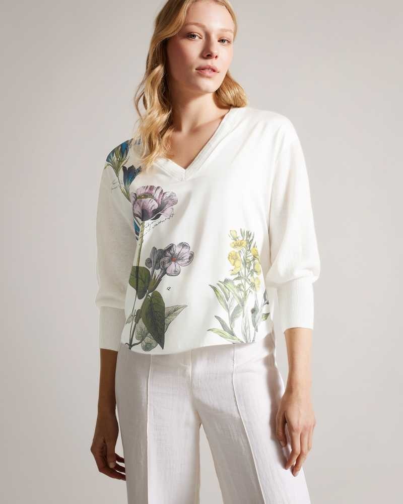 White Ted Baker Raili Woven Front V Neck Sweater | US0000406