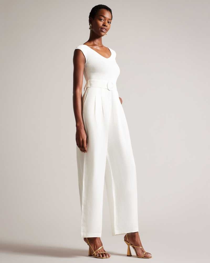 White Ted Baker Tabbiaa Knitted Bodice Wide Leg Jumpsuit | US0001092