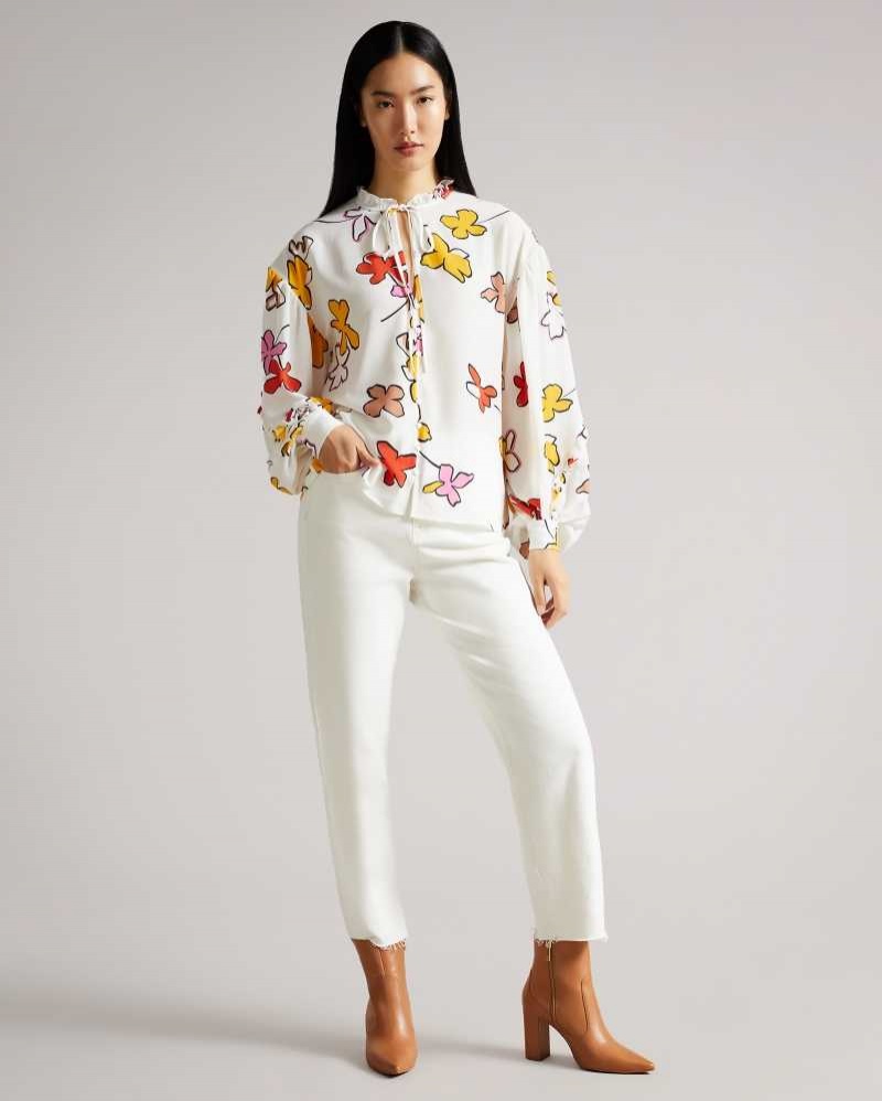 White Ted Baker Thurso Floral Print Blouse Blouse | US0001072