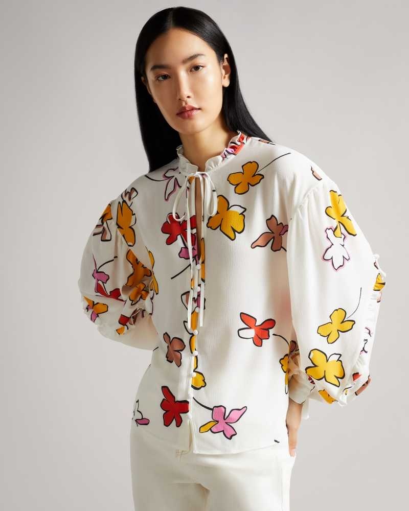 White Ted Baker Thurso Floral Print Blouse Blouse | US0001072