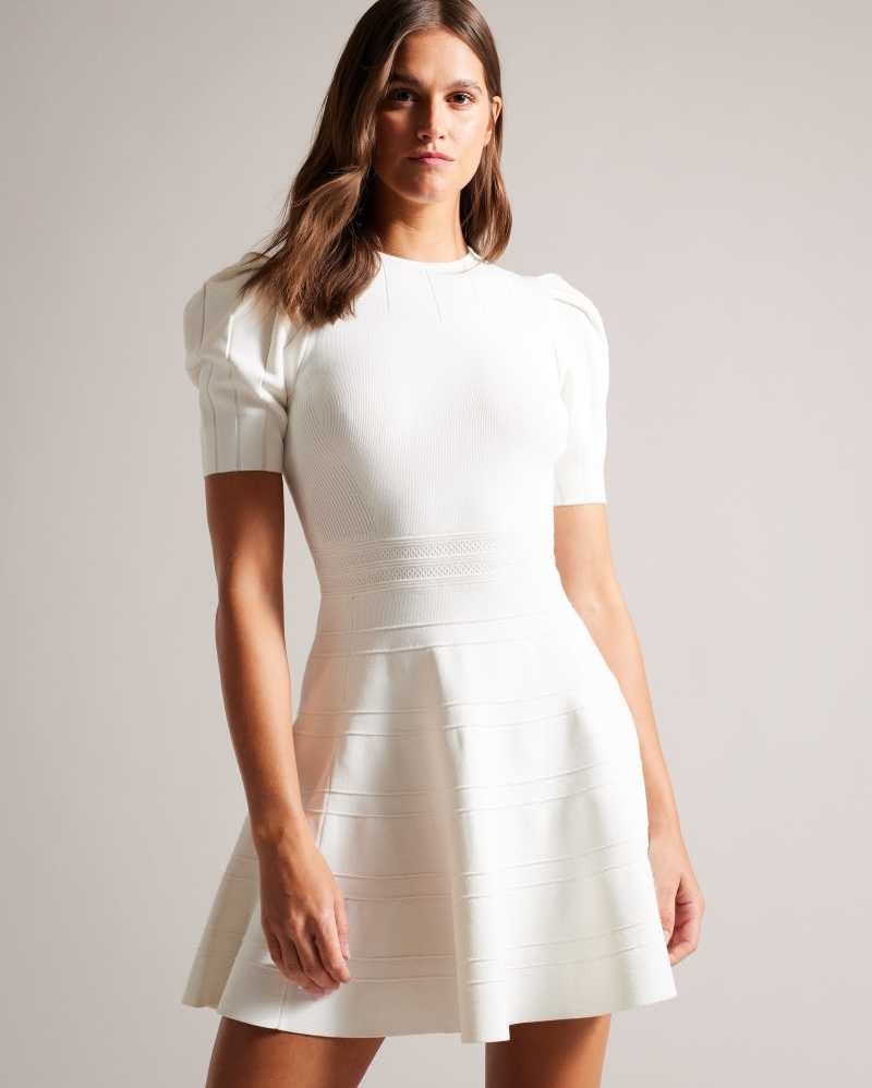 White Ted Baker Velvey Puff Sleeve Dresses With Engineered Skirt | US0000076